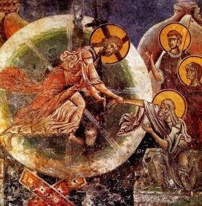 أيقونة القيامة نرى أن السيد ينزل ويمسك بيدي آدم وحواء ليصعدهما معه…