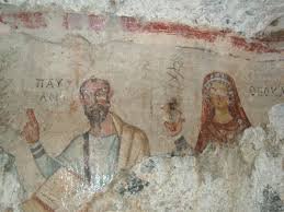 جدارية فسيفسائية للقديس بولس الرسول وتلميذته القديسة تقلا معادلة الرسل رمز العفاف والطهارة