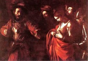 ملك الهون يطعن القديسة اورسولا بسهم بعد أن رفضت الزواج منه، في لوحة كراڤاجيو في 1610 المسماة "استشهاد القديسة اورسولا".