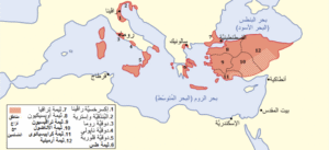  خريطة الإمبراطورية الرومانية ما بعد الإنقسام إلى قسمين  قسم غربي تحت حكم الإمبراطور هونريوس وقسم شرقي تحت حكم الإمبراطور أركاديوس
