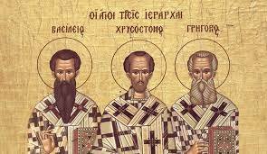 القديسون الاقمار الثلاثة باسيليوس الكبير وغريغوريوس اللاهوتي ويوحنا الذهبي الفم معلمو المسكونة شعار المدارس الارثوذكسية